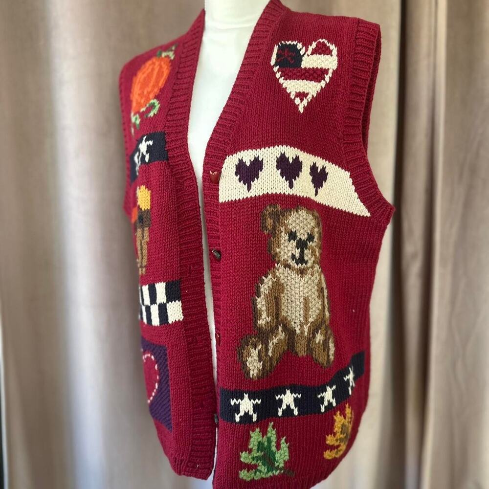 Vintage hand knit teddy bear american flag novelty vest Size L